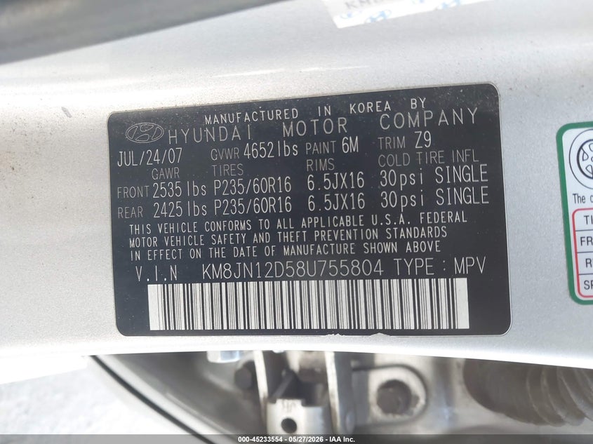 2008 Hyundai Tucson Limited V6/Se VIN: KM8JN12D58U755804 Lot: 45233554