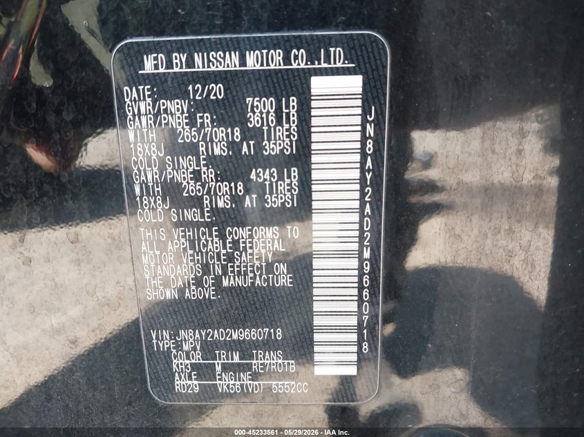 2021 Nissan Armada Sv 4Wd VIN: JN8AY2AD2M9660718 Lot: 45233561