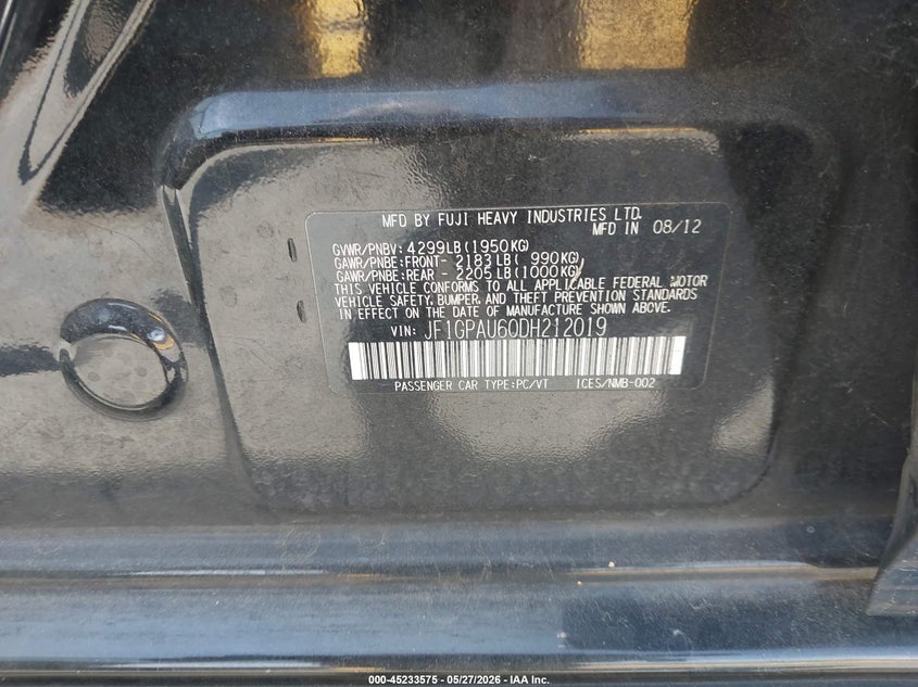 2013 SUBARU IMPREZA HATCHBACK 2.0L H-4 DOHC, VVT, 148HP