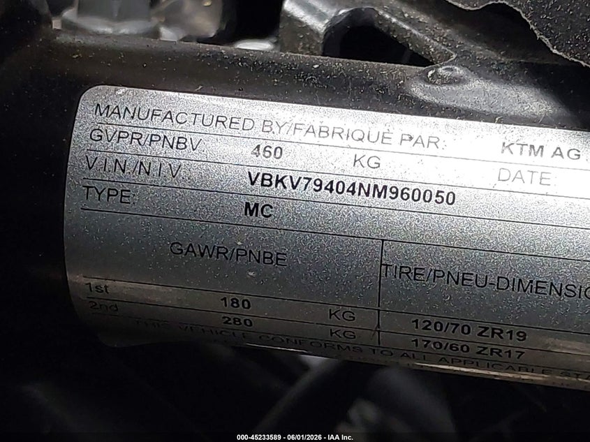 2022 Ktm 1290 Super Adventure S VIN: VBKV79404NM960050 Lot: 45233589