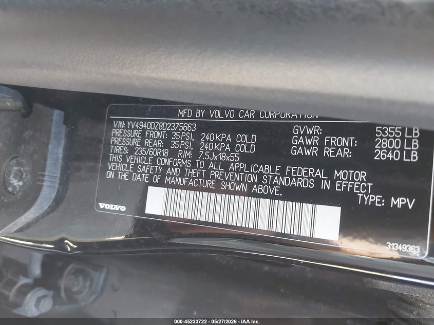 2013 Volvo Xc60 3.2/3.2 Platinum/3.2 Premier/3.2 Premier Plus VIN: YV4940DZ8D2375663 Lot: 45233722