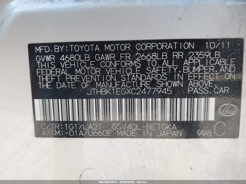 2012 Lexus ES 3.5 Es 350 silver Lot 111045233872 Vin JTHBK1EGXC2477945