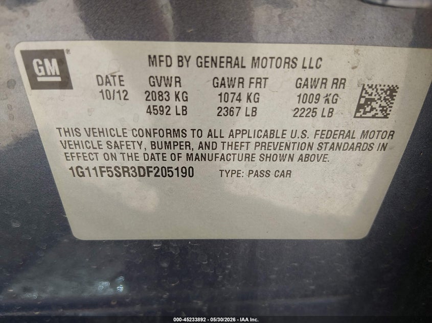 2013 CHEVROLET MALIBU SEDAN 2.4L I-4 DI, DOHC, VVT, 182HP