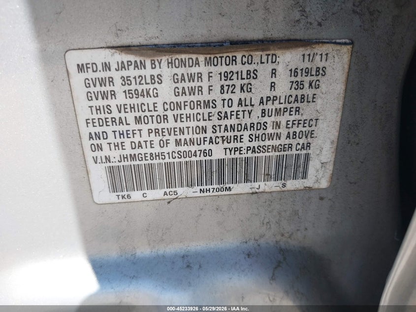 2012 Honda Fit Sport VIN: JHMGE8H51CS004760 Lot: 45233926