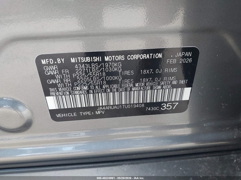 2026 MITSUBISHI OUTLANDER SPORT UTILITY VEHICLE 2.0L I-4 DOHC, VVT, 148HP
