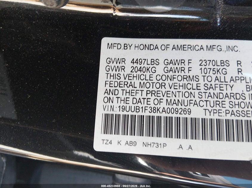 2019 Acura Tlx Standard VIN: 19UUB1F38KA009269 Lot: 45233988