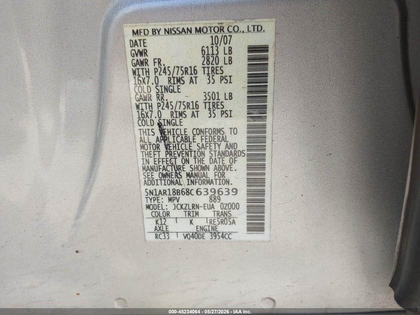2008 Nissan Pathfinder S VIN: 5N1AR18B68C639639 Lot: 45234064