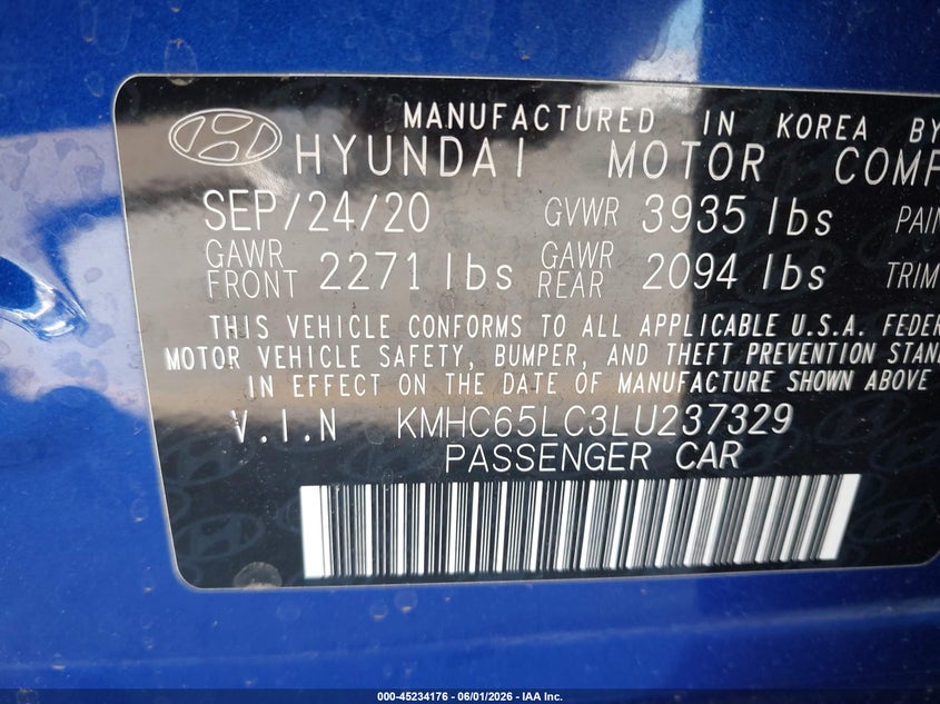 2020 Hyundai Ioniq Hybrid Blue VIN: KMHC65LC3LU237329 Lot: 45234176