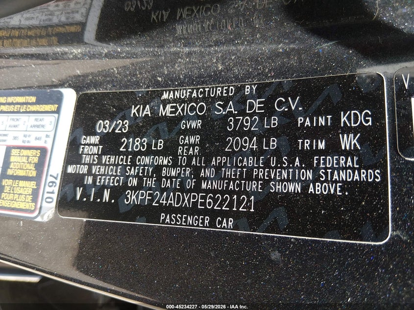 VIN 3KPF24ADXPE622121 2023 KIA FORTE LXS