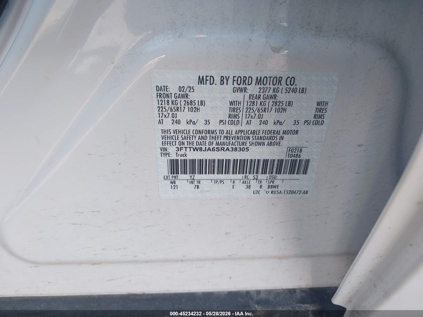 2025 Ford Maverick Xlt VIN: 3FTTW8JA6SRA38305 Lot: 45234232