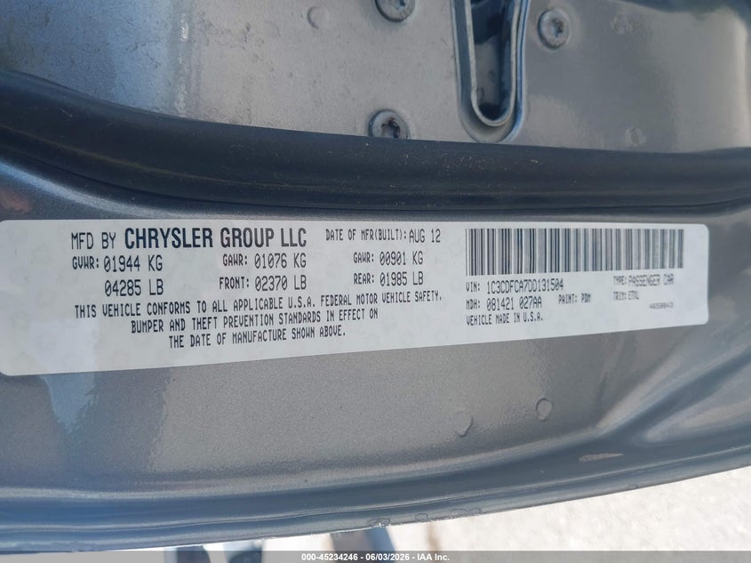 2013 Dodge Dart Limited VIN: 1C3CDFCA7DD131504 Lot: 45234246