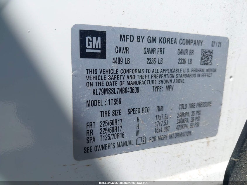 2022 Chevrolet Trailblazer Awd Activ VIN: KL79MSSL7NB043600 Lot: 45234255