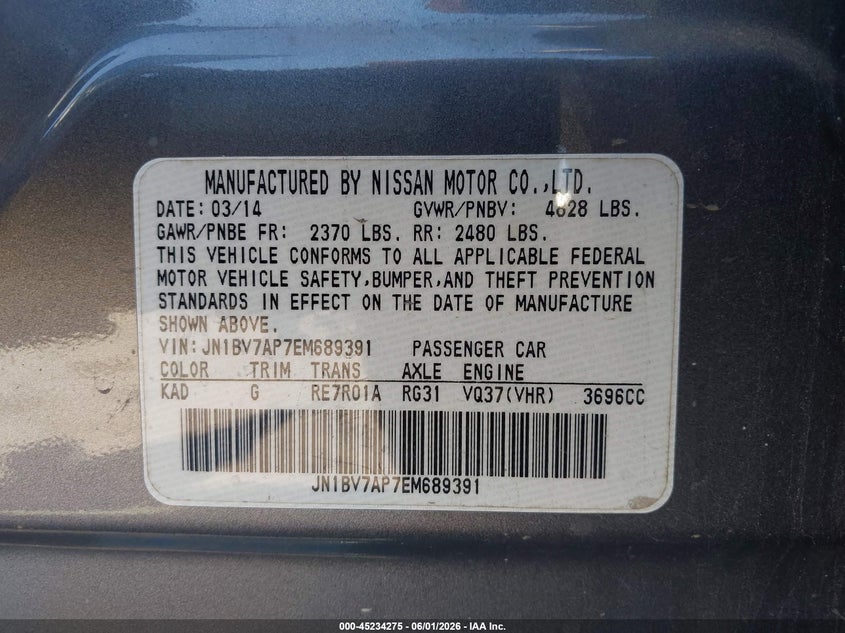 2014 Infiniti Q50 Premium VIN: JN1BV7AP7EM689391 Lot: 45234275