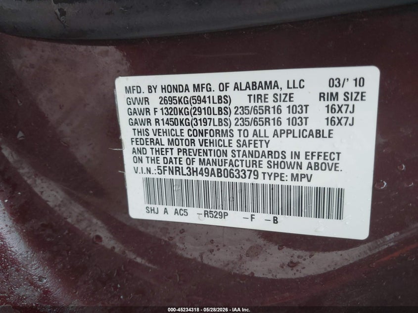 2010 Honda Odyssey Ex VIN: 5FNRL3H49AB063379 Lot: 45234318