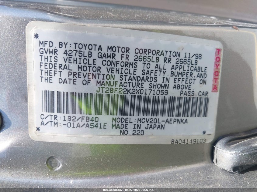 1999 Toyota Camry Le V6 VIN: JT2BF22K2X0171059 Lot: 45234332