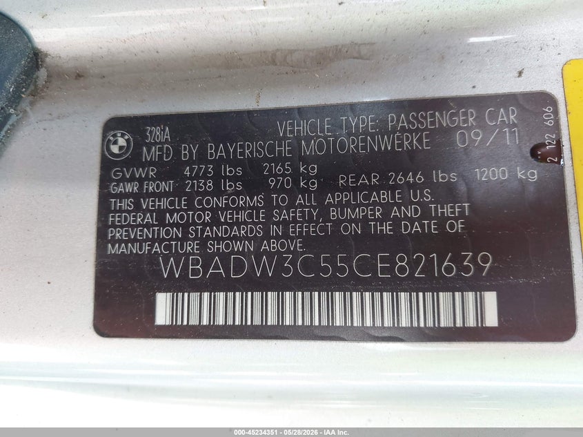 2012 BMW 3 series 3.0 328i Silver Lot 111045234351 Vin WBADW3C55CE821639
