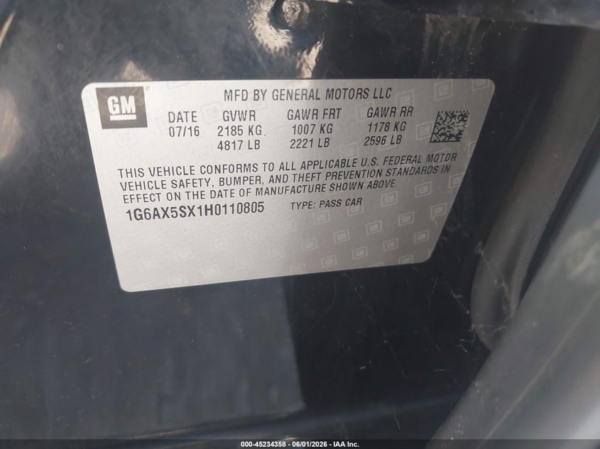 2017 Cadillac Cts Luxury VIN: 1G6AX5SX1H0110805 Lot: 45234358