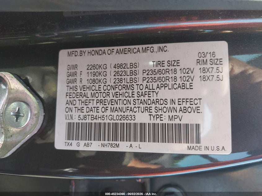 2016 Acura Rdx Technology Acurawatch Plus Packages/Technology Package VIN: 5J8TB4H51GL026633 Lot: 45234366