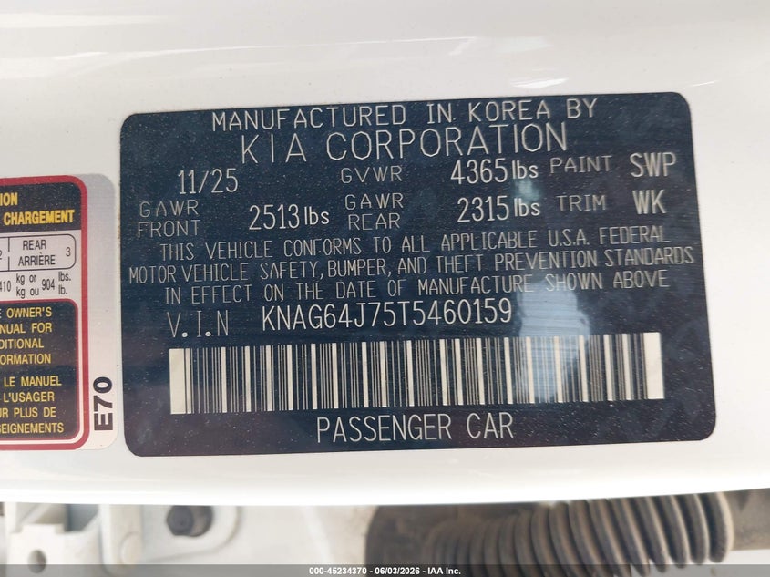 2026 Kia K5 Gt-Line Fwd VIN: KNAG64J75T5460159 Lot: 45234370