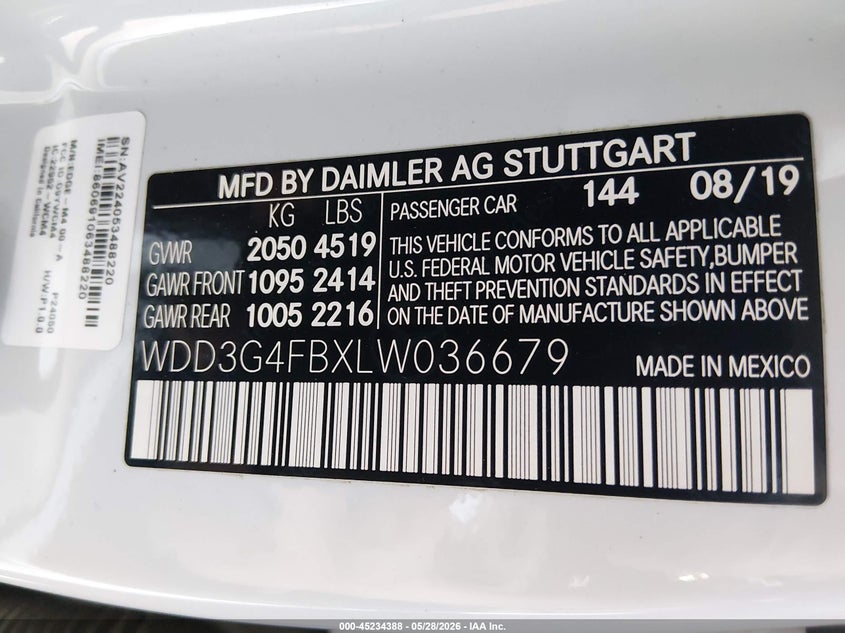 2020 Mercedes-Benz A 220 4Matic VIN: WDD3G4FBXLW036679 Lot: 45234388