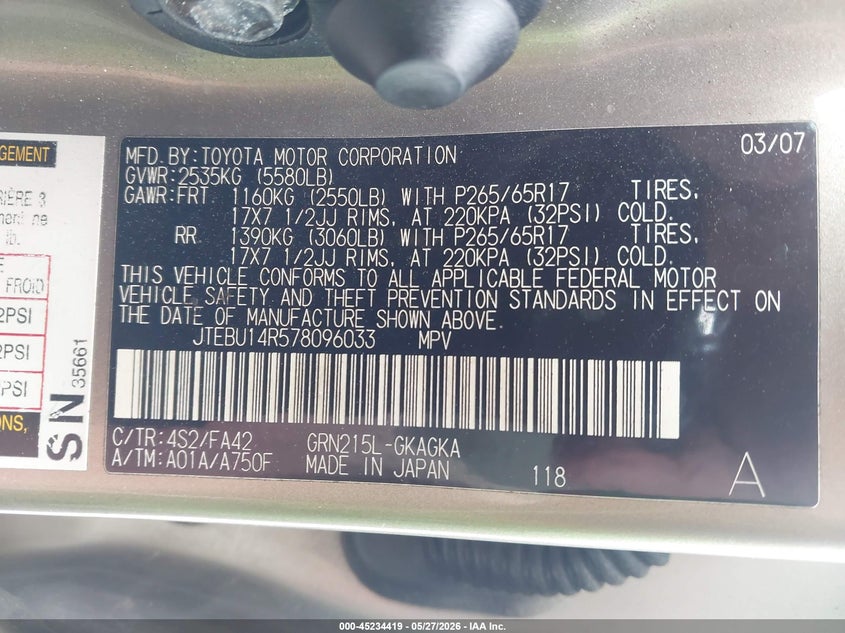 2007 TOYOTA 4RUNNER SPORT UTILITY VEHICLE 4.0L V-6 DOHC, VVT, 236HP