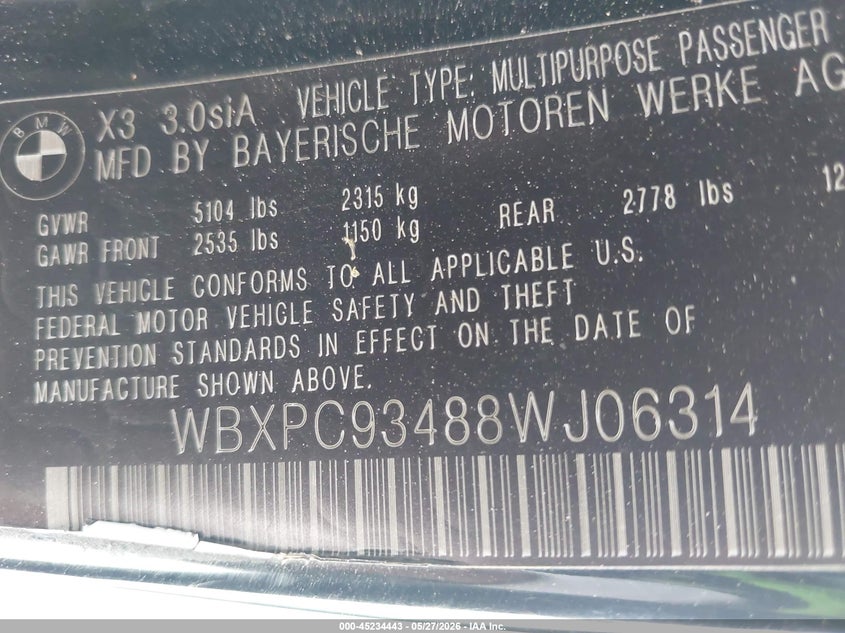 2008 BMW X3 3.0Si VIN: WBXPC93488WJ06314 Lot: 45234443