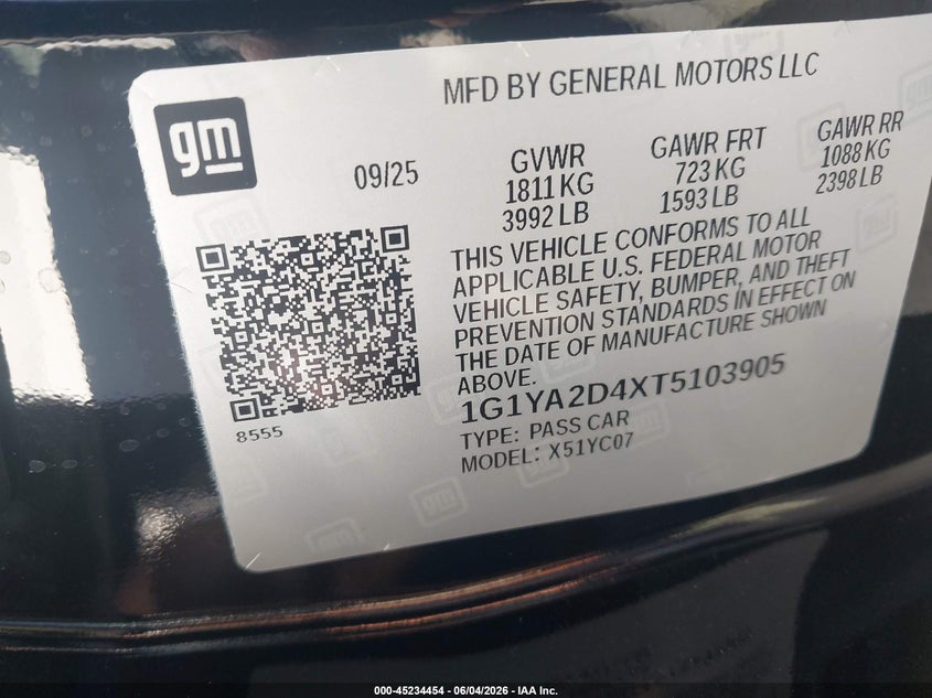 2026 Chevrolet Corvette Stingray , 1Lt, Rwd VIN: 1G1YA2D4XT5103905 Lot: 45234454