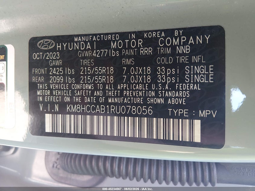 2024 Hyundai Kona Sel VIN: KM8HCCAB1RU078056 Lot: 45234567