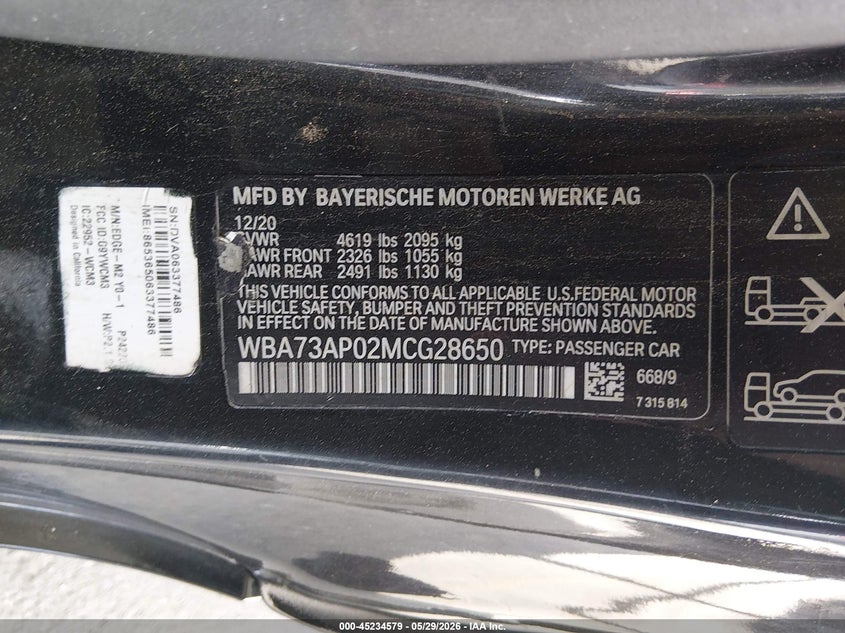 2021 BMW 430I xDrive VIN: WBA73AP02MCG28650 Lot: 45234579