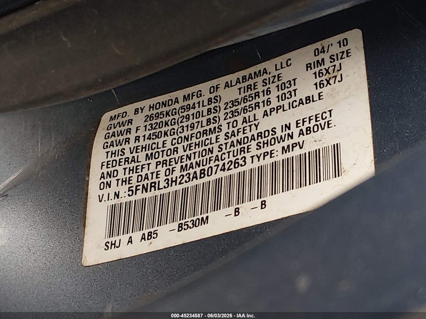 2010 Honda Odyssey Lx VIN: 5FNRL3H23AB074263 Lot: 45234587
