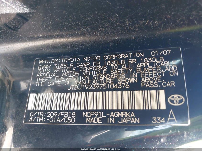 2007 Toyota Yaris VIN: JTDJT923975104376 Lot: 45234625