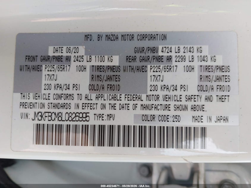 2020 MAZDA CX-5 SPORT UTILITY VEHICLE 2.5L I-4 DI, DOHC, VVT, 187HP