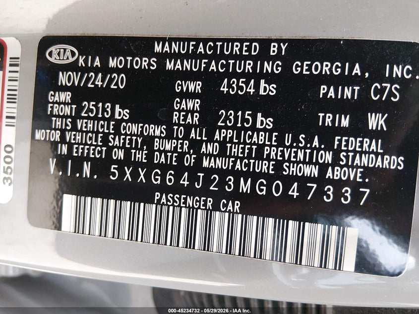 2021 Kia K5 Gt-Line VIN: 5XXG64J23MG047337 Lot: 45234732