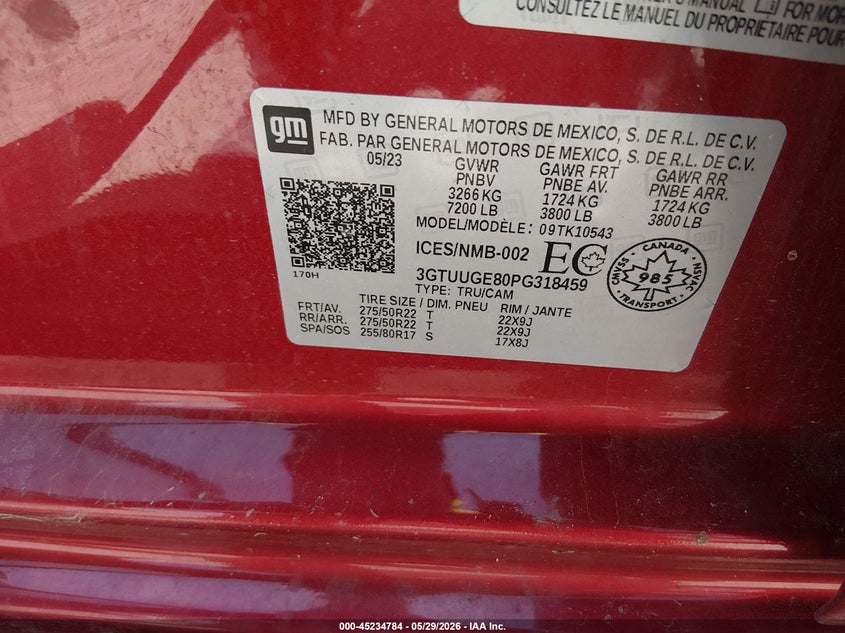 2023 GMC SIERRA 1500 3.0L I-6 DI, DOHC, V(VIN: 3GTUUGE80PG318459