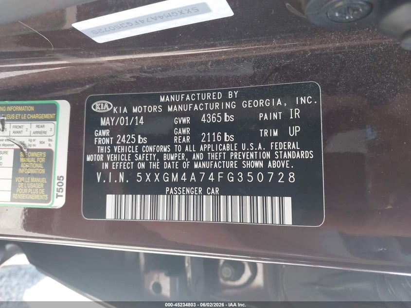 2015 Kia Optima Lx VIN: 5XXGM4A74FG350728 Lot: 45234803