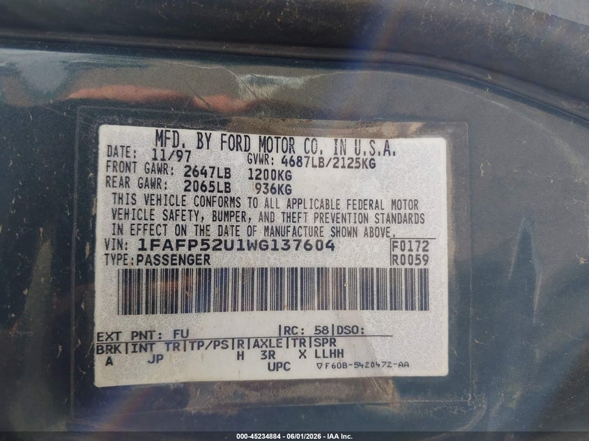 1998 Ford Taurus Lx/Se VIN: 1FAFP52U1WG137604 Lot: 45234884
