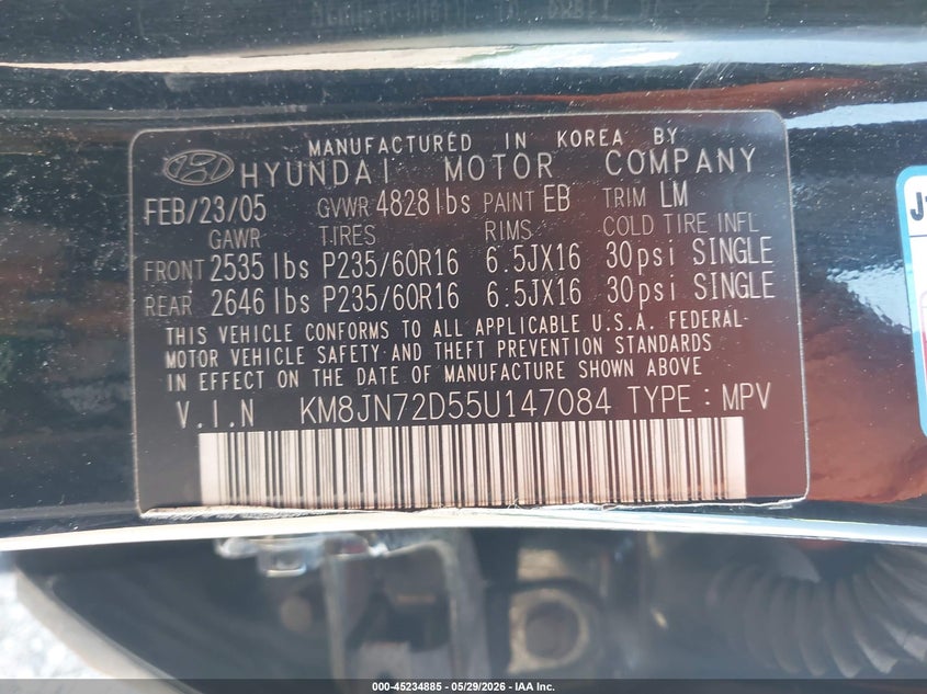 2005 Hyundai Tucson Gls/Lx VIN: KM8JN72D55U147084 Lot: 45234885
