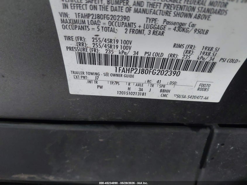 2015 Ford Taurus Limited VIN: 1FAHP2J80FG202390 Lot: 45234898