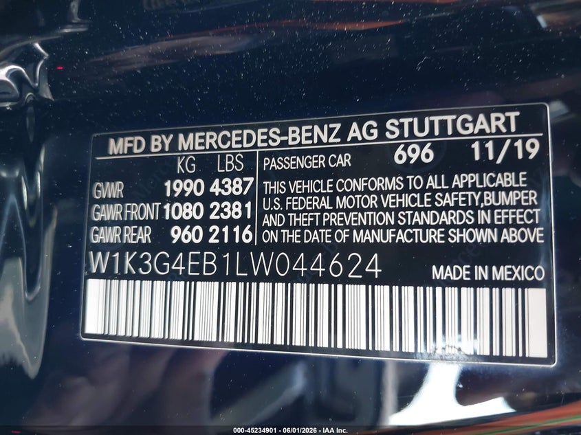 2020 Mercedes-Benz A 220 VIN: W1K3G4EB1LW044624 Lot: 45234901