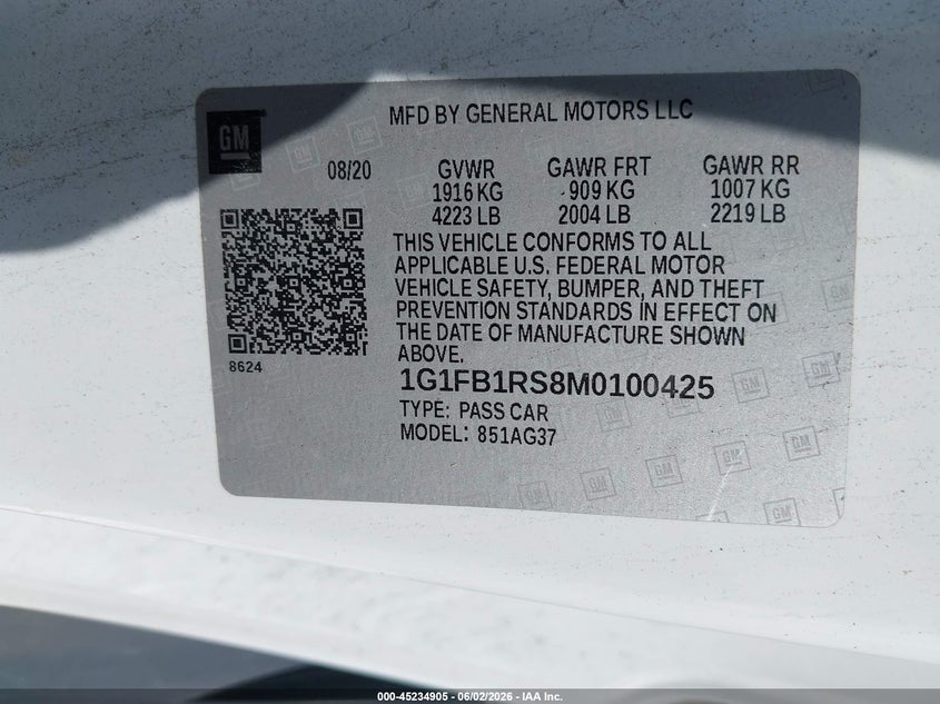 2021 Chevrolet Camaro Rwd 1Lt VIN: 1G1FB1RS8M0100425 Lot: 45234905