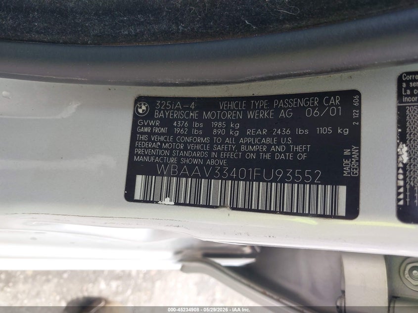 2001 BMW 325I VIN: WBAAV33401FU93552 Lot: 45234908