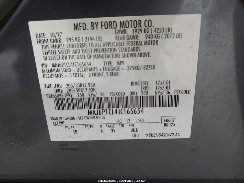 2018 Ford Ecosport Ses VIN: MAJ6P1CL4JC165654 Lot: 45234999