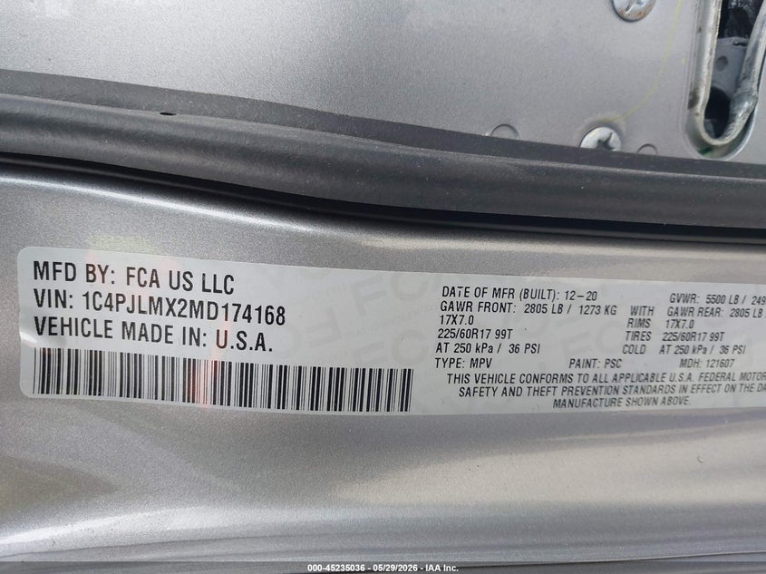 2021 JEEP CHEROKEE 3.2L V-6 DOHC, 271HP(VIN: 1C4PJLMX2MD174168