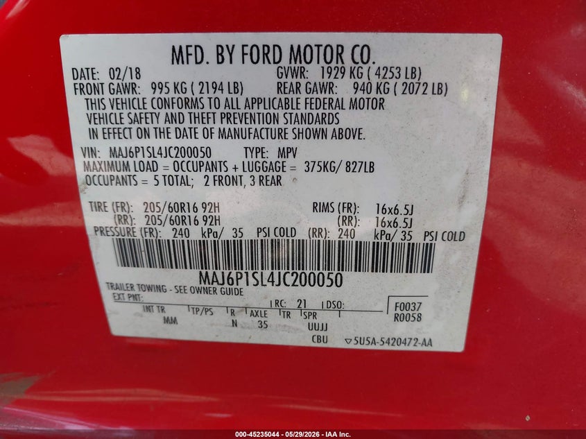 2018 FORD ECOSPORT SPORT UTILITY VEHICLE 2.0L I-4 DI, DOHC, VVT, 166HP