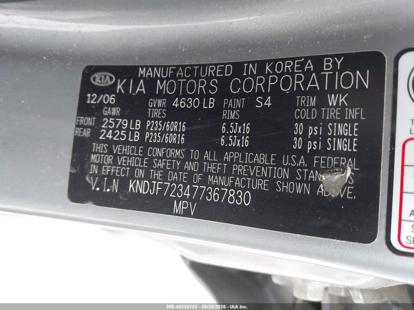 2007 Kia Sportage Lx V6 VIN: KNDJF723477367830 Lot: 45235105