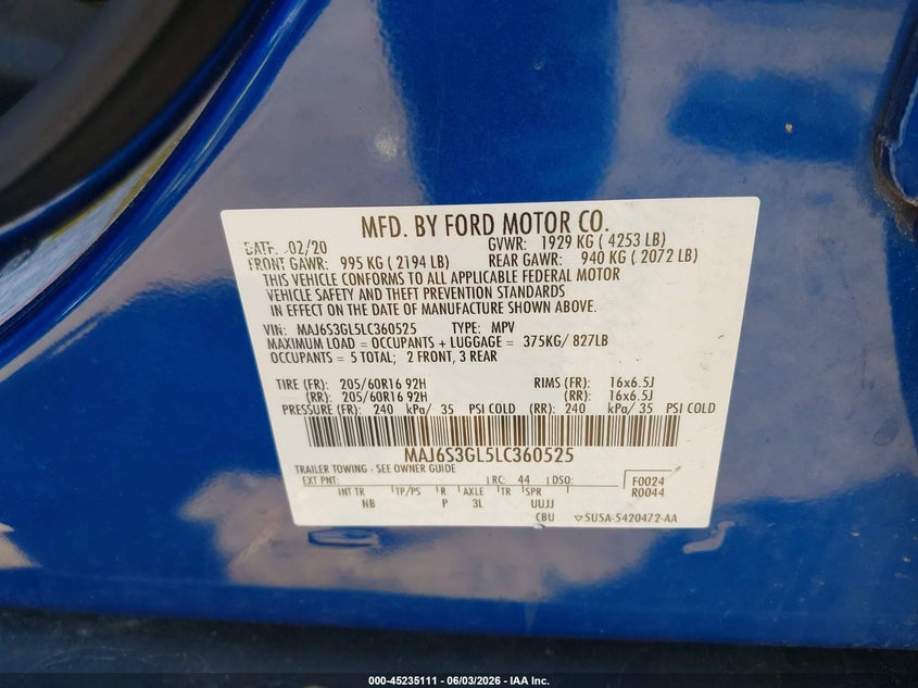 2020 Ford Ecosport Se VIN: MAJ6S3GL5LC360525 Lot: 45235111
