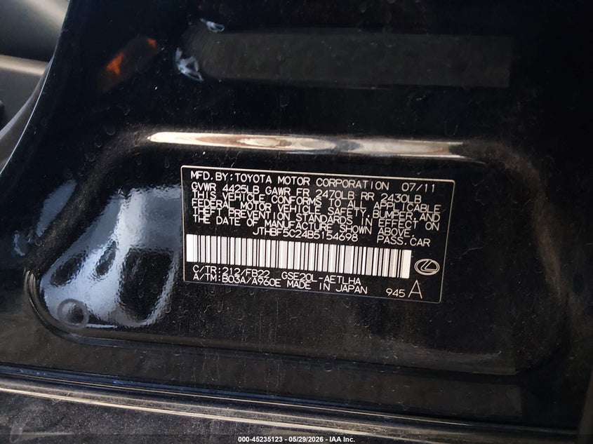 2011 Lexus Is 250 VIN: JTHBF5C24B5154698 Lot: 45235123