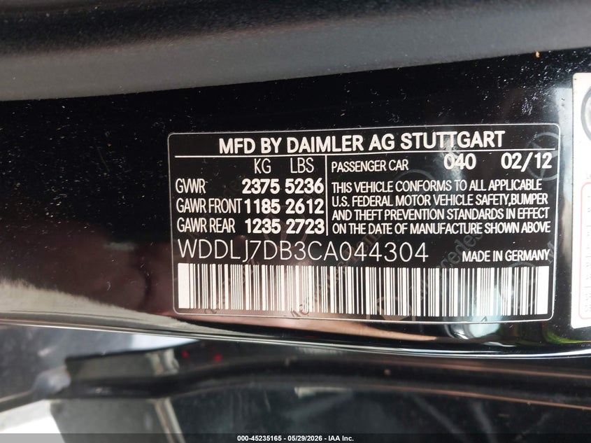 2012 Mercedes-Benz Cls 550 VIN: WDDLJ7DB3CA044304 Lot: 45235165