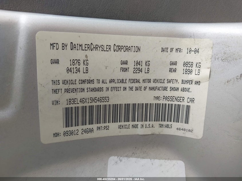 2005 Dodge Stratus Sxt VIN: 1B3EL46X15N546553 Lot: 45235204