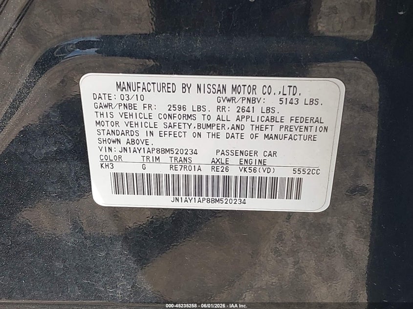 2011 Infiniti M56 VIN: JN1AY1AP8BM520234 Lot: 45235258